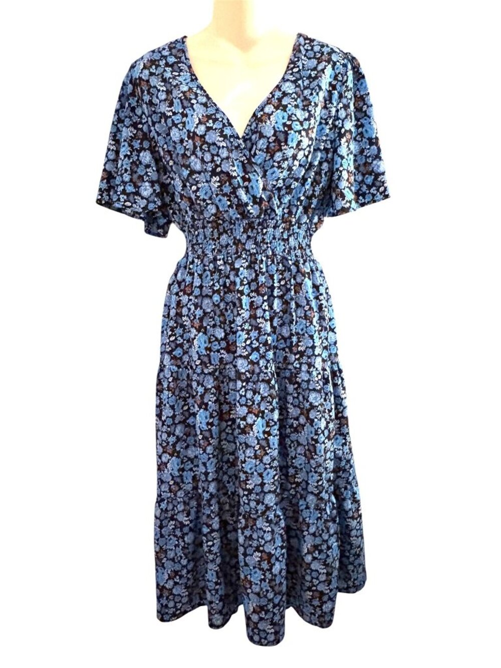 Kojooin Womens Medium Floral Midi Dress V-Neck S/S Blue Black Cottagecore